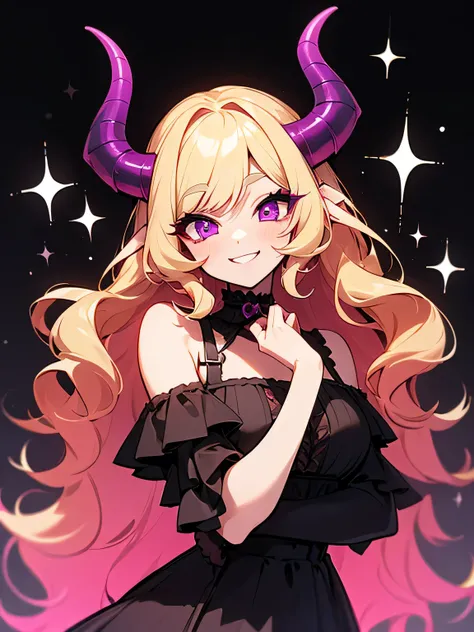 Alone,upperbody,30years old,blonde wavy curly hair,pink shiny eyes,makeup,purple eyeshadow,eyelash,devil horns,offshoulder,black gothic succubus dress、Succubus、Halloween、Halloweenナイト、Enchanting chest、（I am the star:1.3）、sexy smile,Temptation image、(manga s...