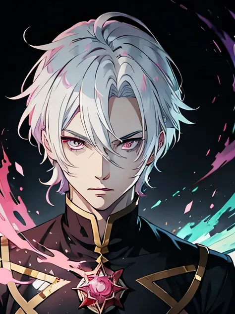 anime handsome man, white hair, multicolored eyes, left eye is blue, right eye is pink, deity, magic, malicious, evil