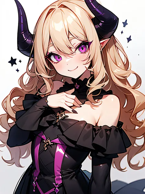 Alone,upperbody,30years old,adult face,blonde wavy curly hair,side fliped hair:1.2,pink shiny eyes,makeup,purple eyeshadow,eyelash,devil horns,offshoulder,black gothic succubus dress、Succubus、Halloween、Halloweenナイト、Enchanting chest、（I am the star:1.3）、sexy...