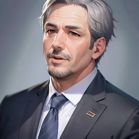 (looking away:1.5),side angle,upper body,hand on own chin,
masterpiece、high quality、(A 50-year-old man with short grey hair and brown eyes:1.5)、Wearing a grey suit、 serious,open mouth,
The background is the conference room、（alone:1.5）