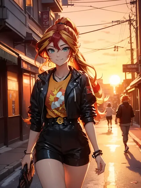 Sunsethuman, Female, two-tone hair, red and yellow hair, wavy hair, ponytail, walking down sidewalk, sunset, Smiling, Accessories,