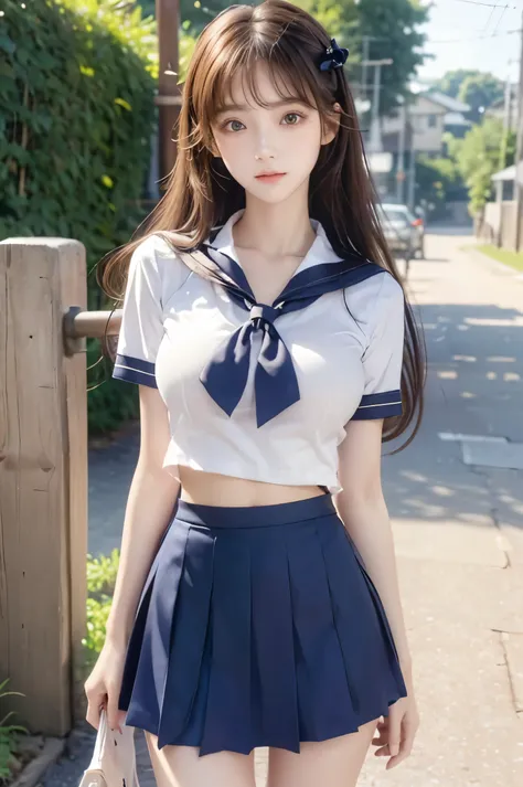 (Ultra HD), (Looking at me), (Short-sleeved sailor uniform, Navy blue mini skirt), Big Breasts, Super beautiful breasts, Slender, (Thin legs:1.2), (Thin thighs:1.2), (Thin Hips:1.4), (Beautiful Skin, Shiny skin, White skin), (Super slim face, Super beautif...