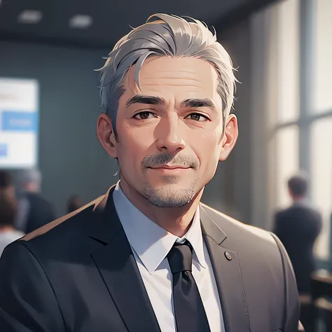 upper body,
masterpiece、high quality、(A 50-year-old man with short grey hair and brown eyes:1.5)、Wearing a grey suit、 
smile,
The background is the conference room、（alone:1.5）