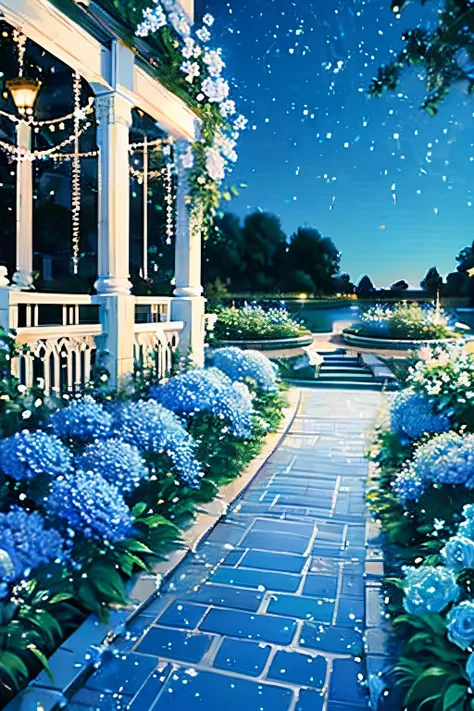 a garden under the stars with sparkling blue roses