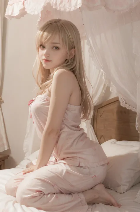 photo of mariya with long blonde hair, bang, sexy, (petite:1.4), wearing (Ruby pajamas:1.3), fuckng on bed in a cute girly bedroom adorned with pastel hues and playful decor. The walls are painted in soft pinks or lavender, with a delicate floral or heart-...