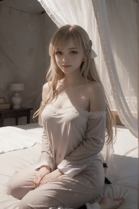 photo of mariya with long blonde hair, bang, NSFW, (petite:1.4), wearing (black pajamas:1.3), sitting on bed in a cute girly bedroom adorned with pastel hues and playful decor. The walls are painted in soft pinks or lavender, with a delicate floral or hear...