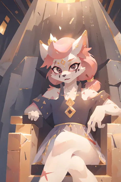 kimiko, furry female anthro, fox girl, white body fur, pink hair, multiple tails, solo, short ponytail, scar on the eye, sitting on the throne, greatness, queen, ((crown)), elegant dress, royalty, ((detailed eyes, detailed face)), crossed legs