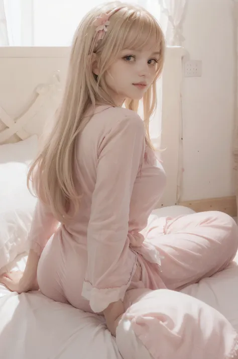 photo of mariya with long blonde hair, bang, nsfw, (petite:1.4), wearing (pink pajamas:1.3), (mastrubating:1.8),  on bed in a cu...