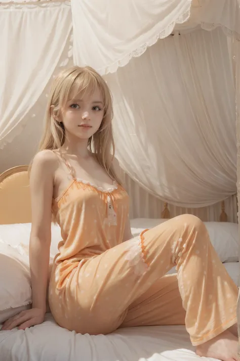 photo of mariya with long blonde hair, bang, sexy, (petite:1.4), wearing (orange pajamas:1.3), fuckng on bed in a cute girly bed...