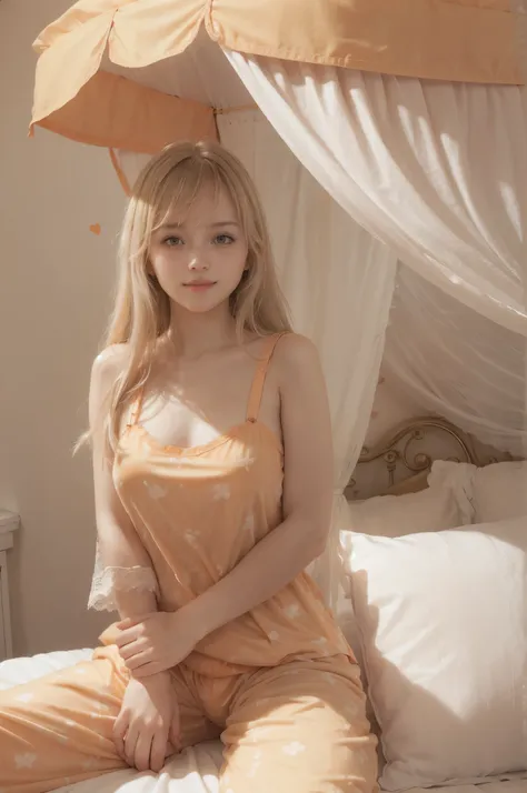 photo of mariya with long blonde hair, bang, sexy, (petite:1.4), wearing (orange pajamas:1.3), fuckng on bed in a cute girly bedroom adorned with pastel hues and playful decor. The walls are painted in soft pinks or lavender, with a delicate floral or hear...