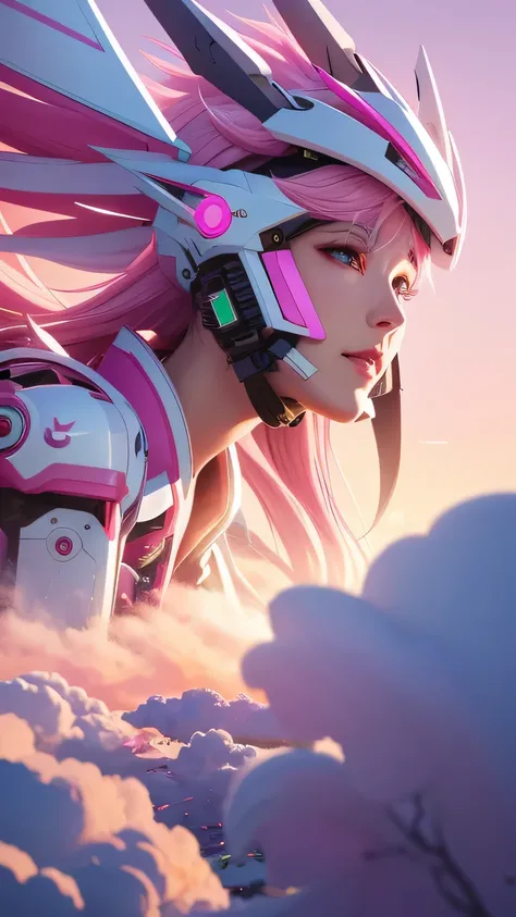 Solo, araffes with a pink and white hair and a pink and white helmet, detailed digital anime art, best anime 8k konachan wallpaper, anime mecha aesthetic, 8k untra detailed digital art, 1 robot mecha female dragon head, wlop and krenz cushart, untra detail...