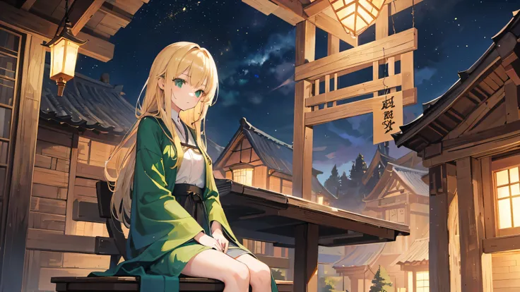 Illustration of a fantastic village at night。In the center、A girl with long blonde hair sits on a wooden bench、Quietly lost in thought。She wears a green robe、I&#39;m wearing boots、The gentle light of the lantern envelopes her.。Behind、A wooden house lit by ...