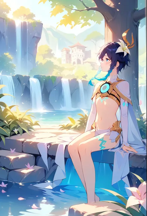 (masterpiece,best quality,4k,8k,absurdres:1.2),1boy,flat chest,venti_(archon)_(genshin_impact),bare stomach,graceful,black hair,ancient ruins,manga,natural lighting,full background,beautiful,perfect,building,scenery,garden,surreal,isolated,water,ocean,floa...