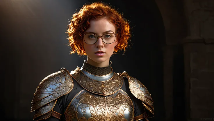 a beautiful young 30 year old woman with short curly red hair,golden eyes,wearing glasses,small breasts,wearing ornate armor covering her entire body,detailed facial features,hyperrealistic,photorealistic,cinematic lighting,dramatic pose,fantasy,concept ar...