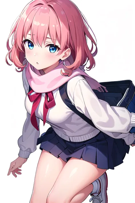 1 girl,boyish, curly hair, pink Hair, medium Breasts, Navy sailor blouse, Ankle-length pleated skirt, Simple ribbon or scarf, Loafers or simple sneakers, Simple tote bag, blush, blue eyes,, clearly, (white background:1.3), (glossy:1.5), magical tools, Circ...