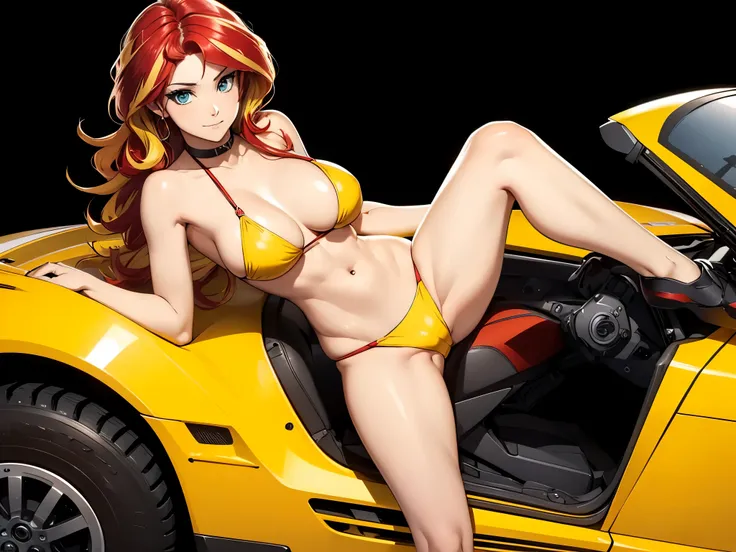 Sunsethuman, Female, two-tone hair, red and yellow hair, wavy hair, posing against racecar, bikini, photoshoot