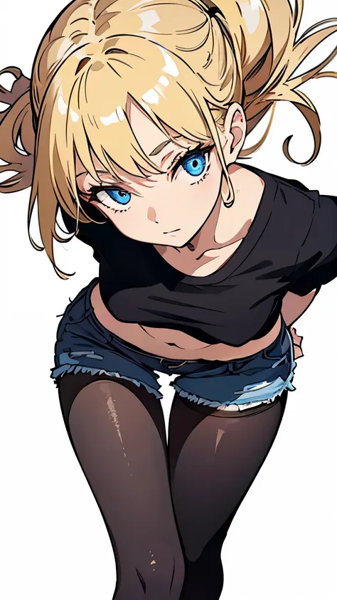 A blonde girl with short bob leaning forward, looking in, blue eyes, playful face, black U-neck T-shirt, denim shorts, black stockings, bright red background