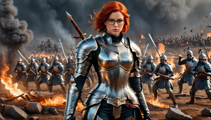 The style is a war painting style, with a female warrior wearing heavy armor and holding a long sword standing on the battlefield filled with gunpowder. Her armor is covered with traces of battle, and her gaze is firm, commanding the team to charge. The ba...