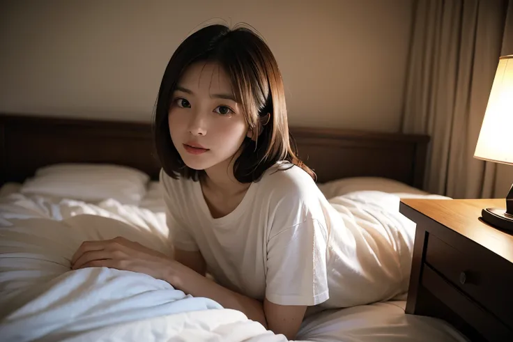 A Japanese woman talks to viewer under the bed sheets like small tent, Her upper body is visible in the sheets.,  Photo taken inside the sheets, short-sleeved shirt , It creates a cozy and secretive atmosphere.. Soft lighting adds intimacy to the scene, It...