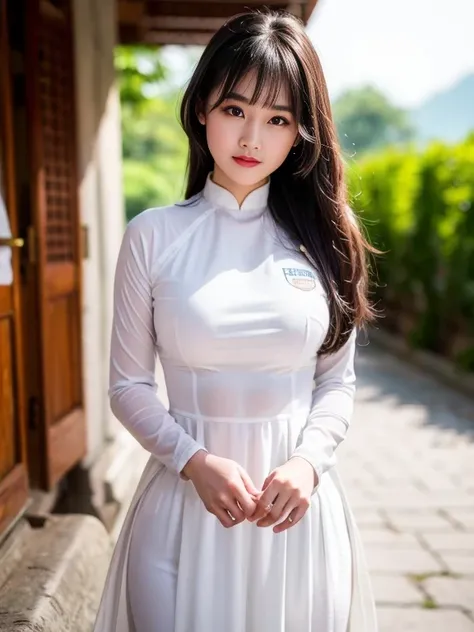 raw photo , 1 girl  ,wearing white traditional uniform, vietnam school girl , black hair , professional photographer, (hdr:1.4),...