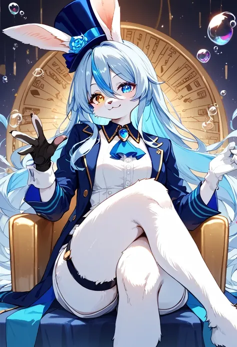 score_9, score_8_up, score_7_up, score_6_up, score_5_up, score_4_up, source_anime, best quality, amazing quality, very aesthetic, absurdres, 1 female, (furry, kemono:1.3), rabbit, gloves, hat, solo, blue eyes, blue headwear, top hat, white gloves, smile, l...