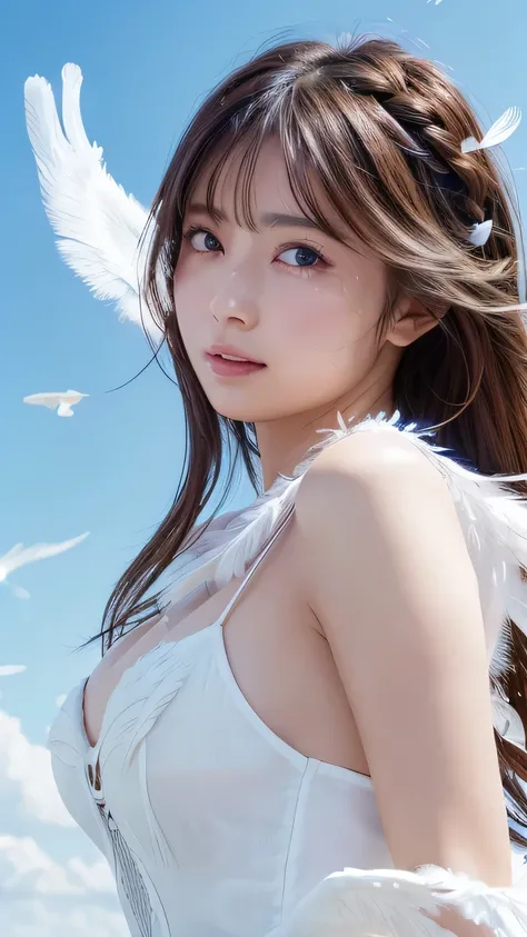 muste piece, best quality, illustration, Super detailed, fine details, High resolution, 8k,wall paper, perfect dynamic composition,(Details High quality, realistic depiction of eyes:1.3), (Angelコスチューム:1.3),  in the sky、(Emphasize body line:1.1), very long ...