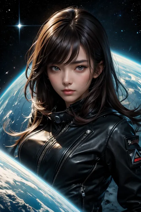 One Beautiful Japan Woman。Detailed drawing of the face。2。She has dark brown hair。She is wearing a black leather jacket。She is looking at the camera with a serious expression。Behind her in the space was a pyramid covered in ice.、Image of outer space。Masterp...