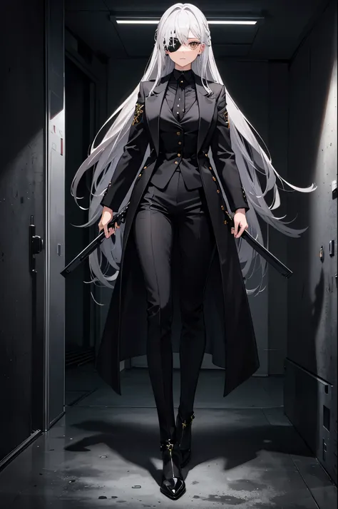 1woman, silver hair, gold eyes, black eyepatch, black suit, standing on ground, high res, ultra sharp, 8K, masterpiece