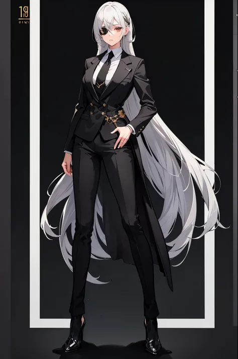 1woman, silver hair, gold eyes, black eyepatch, black suit, standing on ground, high res, ultra sharp, 8K, masterpiece