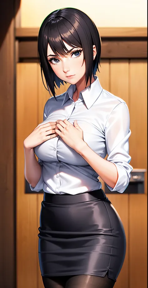 High Resolution, HD, Best Quality, Extremely Detailed, masterpiece, (best quality), 1 woman, 1 girl, Shizune, short hair, mature female, (White Collared Shirt), (Black Pencil Skirt), (Black Pantyhose), ((Slim Body)), (Medium Breasts), (Thin Waist), (Wide H...