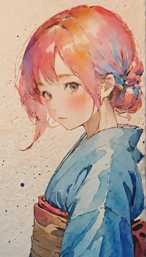 Splatter background and spray paint effect, Hiroshige Utagawa, Tunic, Body on knees, Multi-coloured hair,Teary-eyed, dusk, watercolor, watercolor, watercolor風, Watercolor detailed art, watercolor digital painting, watercolor paints, Very detailed and intri...