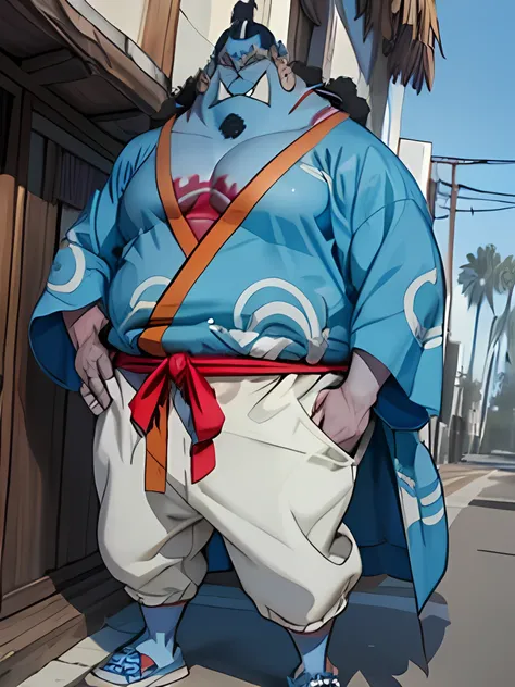 squab (Jinbei) In the street, (Blue skin, Blue skinned), muscular, My chest, wide My chest, shore, palm tree, real, 8k, A very detailed, (Wearing white pants, wearing a kimono , shoes)