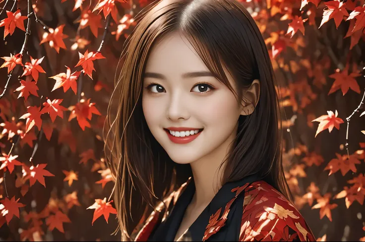 Best Quality　masterpiece　detailed　A very beautiful woman smiles　Black suit　The background is bright red autumn leaves　Close-up　Photo style　Fantasy　Fantasy