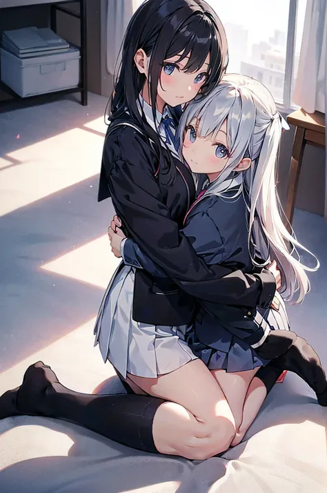 2 girls, (Two girls in school uniform:1.2)、School classroom、evening、Embrace each other、(({{kissu:1.1))、 Please redeem, High resolution, masterpiece、smile、(2 girls),(Beautiful Eyes、Detailed Description、Attention to detail、Masterpiece Side Light、masterpiece、...