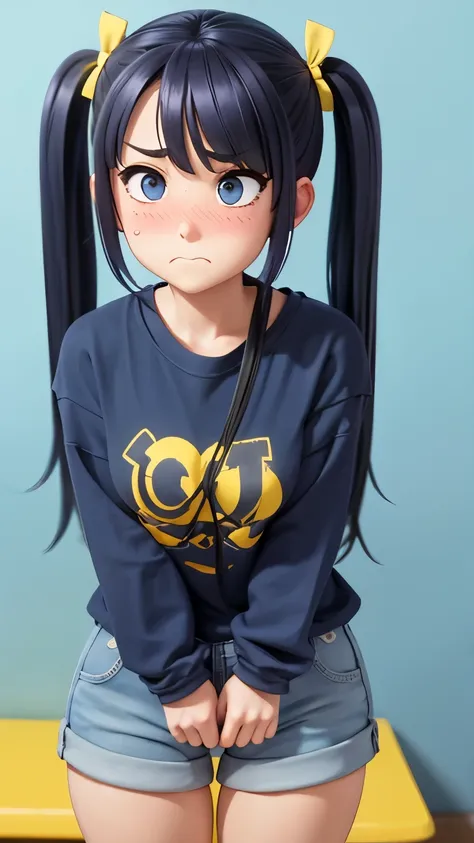 leaning forward, peering in, ((shy, embarrassed face)), cleavage, girl with blue twin tails, black eyes, big loose and baggy t-s...