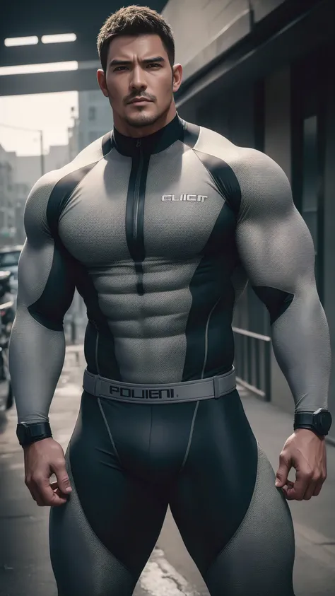 1 Angry super muscular man with open mouth screaming,  Flat head，On a vintage outdoor street under the hot sun, Wear light grey bionic technology compression clothing, Honeycomb shaped texture，Body wrapped in mud，The clothes are dirty，There are mud stains，...