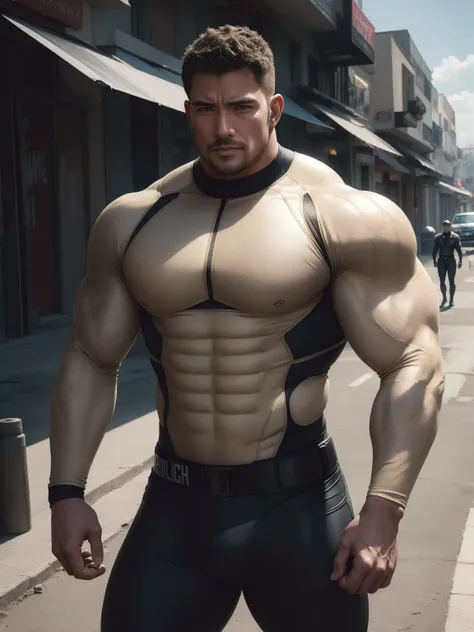 1 Angry super muscular man with open mouth screaming,  Flat head，On a vintage outdoor street under the hot sun, Wearing a cream-colored bionic compression garment, Honeycomb shaped texture，Body wrapped in mud，The clothes are dirty，There are mud stains，The ...