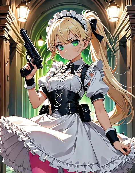 (best quality,4k,8k,highres,masterpiece:1.2),ultra-detailed, (1girl) A cute teenage gunslinger maid with green eyes, drawn in anime style, spiky light blonde hair in a long ponytail, victorian fashion, wearing a cute white maid dress with puffy sleeves, co...