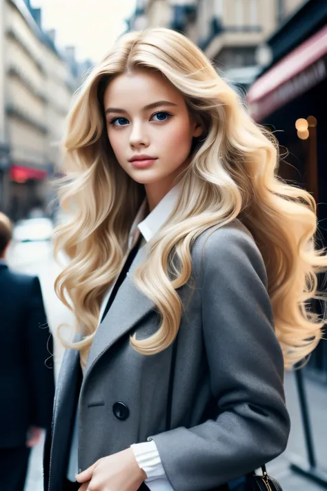 2015 film still movie, blonde long hair, elegant parisian girl wearing chic style,Wavy Hair, 