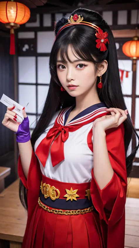 Photorealistic, Sailor Mars, a young woman with long black hair and a red tiara with a jewel, piercing red eyes, wearing a red and purple sailor fuku with a purple bow, long red gloves, and red high heels, holding ofuda (paper talismans), a backdrop of a t...