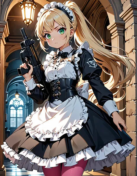 (best quality,4k,8k,highres,masterpiece:1.2),ultra-detailed, (1girl) A cute teenage gunslinger maid with green eyes, drawn in anime style, spiky light blonde hair in a long ponytail, victorian fashion, wearing a cute white maid dress with puffy sleeves, co...