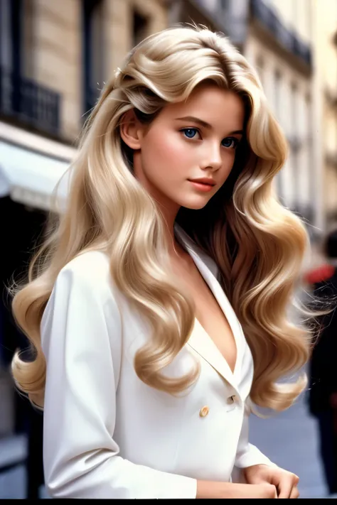 1990 film still movie, blonde long hair, elegant parisian girl wearing chic style,wavy hair,