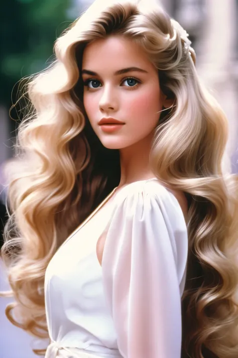 1985 film still movie, blonde long hair, elegant parisian girl wearing chic style,wavy hair,