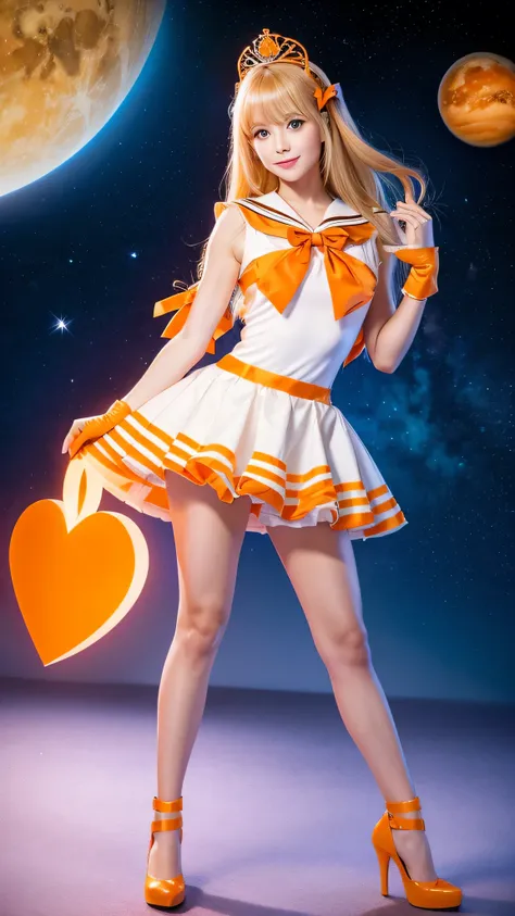 Photorealistic, Sailor Venus, a young woman with long blonde hair and an orange tiara with a star, bright orange eyes, wearing an orange and white sailor fuku with an orange bow, long orange gloves, and orange high heels, holding a heart-shaped compact, po...