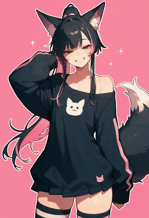 (score_9,score_8_up,score_7_up), (anime), cowboy shot, solo, 1boy, otoko no ko, (black hair), long hair, pink highlights, ponytail, fox ears, black fox tail, pink highlights on the tail, black eyes, half-closed eyes, grin, baggy black hoodie, off-shoulder,...