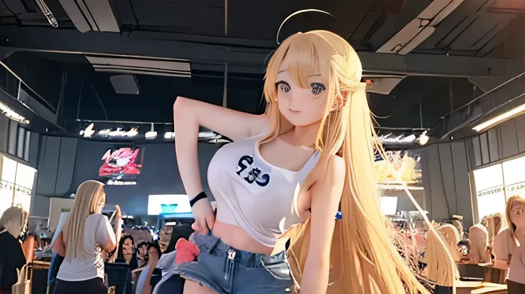 Anime Girls with long blonde hair and blue shorts posing in front of a crowd, Anime drawing by Shitao, pixiv contest winners, Process Art, blonde Anime Girls with long hair, seductive Anime Girls, , Naughty anime style, Anime Moe Art Style, attractive Anim...