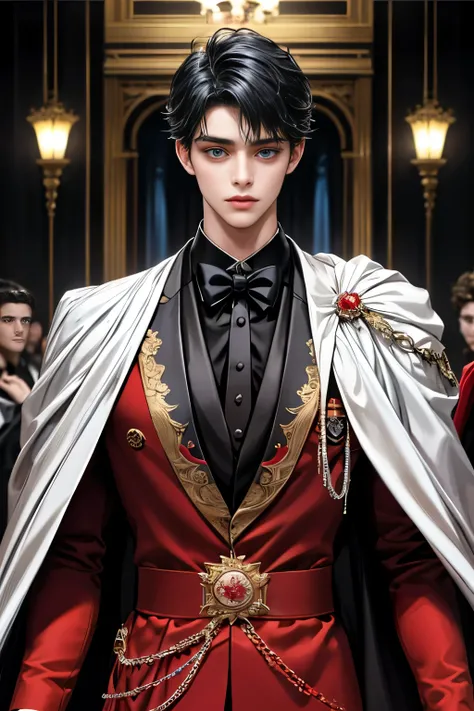 masterpiece, 最high quality, high quality, 1 boy, alone, Male focus, Upper Body,Watching the audience, Messy black hair, Adorable big blue eyes, White, Noble, Noble,A black and red cape that is bursting with sexy volume、Tuxedo、A very voluminous, large, very...