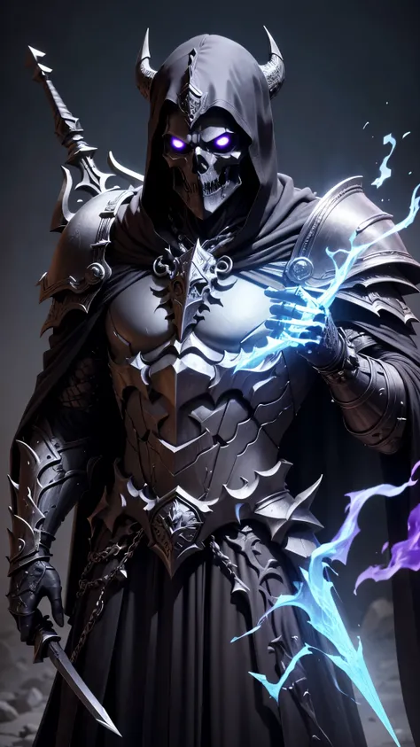 a close up of a statue of a man with a sword and a his head is of skull burning in purple flames, berserk skullknight black armor, beautiful male god of death, undead knight, dark cloaked necromancer, undead skeleton king, lich vecna (d&d), detailed humano...