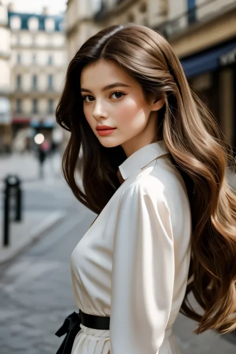 2024 film still movie, long hair, elegant parisian girl wearing chic style, portrait