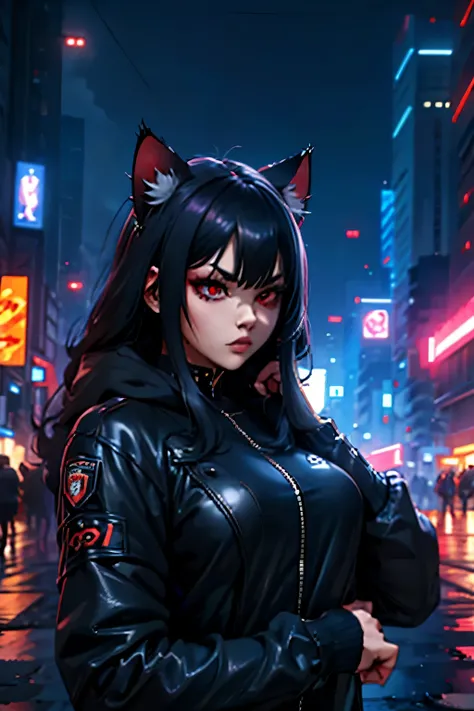 junkotvv, black hair, red eyes, cat ears, heavy blue cups, cyberpunk, cyberpunk style, increases, cyberpunk increases, stretch, ...